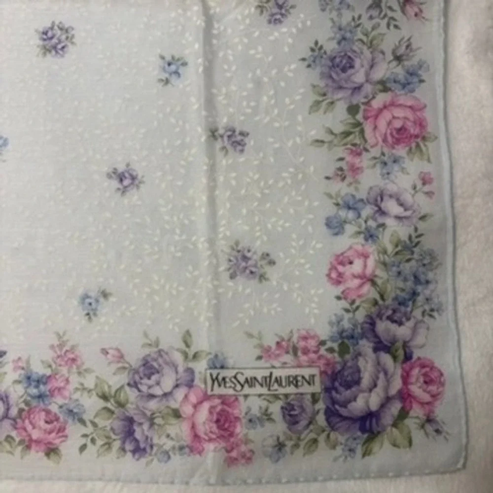Vtg YVES SAINT LAURENT Scarf Handkerchief Floral Blue Pink Purple 18
